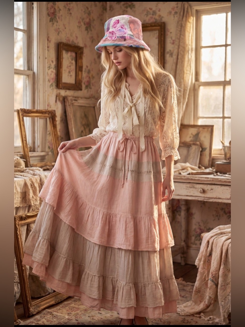 Hand Crafted Two-Tone Peach and Cream Tiered Maxi Skirt